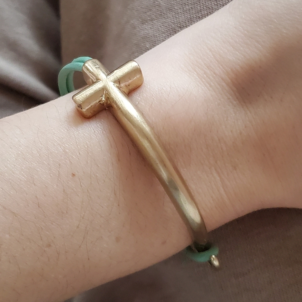 Gold Cross Bracelet Mint Green Leather Cord